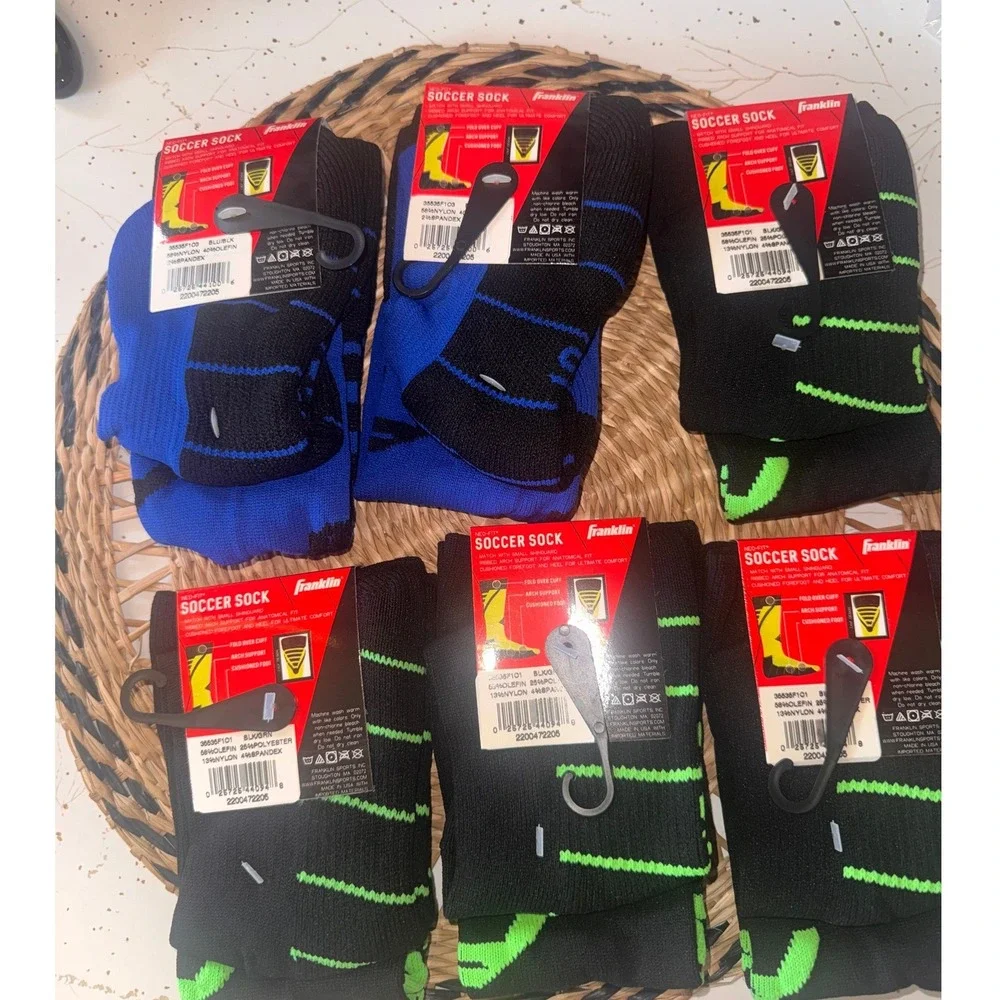 Franklin Neo-Fit Soccer Socks 6 Pair Bundle  Blue Neon Green Size Small 10-1